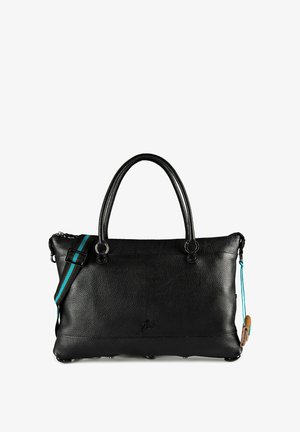 Bolso de mano de cuero texturizado negro con dos asas, asa de hombro ajustable con una raya verde azulado y pequeño tirador de cremallera azul y marrón.
