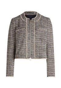 Beżowa, czarna i kremowa marynarka z tweedu z zamkiem z przodu, okrągłym dekoltem, dwiema przednimi kieszeniami i frędzlami wzdłuż krawędzi.