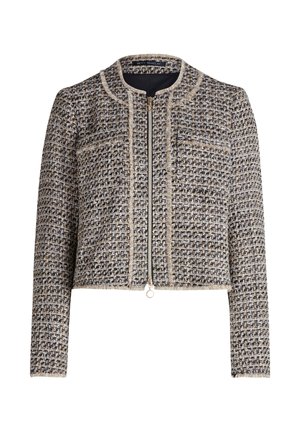 Tweedjacke in Beige, Schwarz und Creme mit Reißverschluss vorne, rundem Ausschnitt, zwei Fronttaschen und Fransenverzierungen entlang der Kanten.