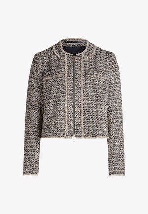Tweed jasje in beige, zwart en crème met een ritssluiting aan de voorkant, ronde halslijn, twee zijzakken en franjes langs de randen.