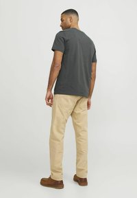 T-shirt grigio scuro a maniche corte abbinato a pantaloni cargo beige chiaro, con tasche visibili e una vestibilità rilassata. Scarpe marroni completano l'outfit.