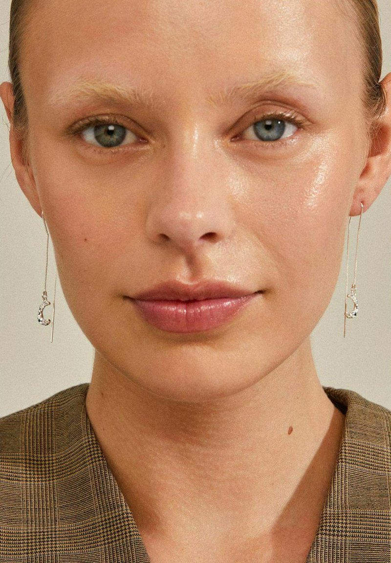 Strieborné visiace náušnice majú zakrivený dizajn s malým krištáľovým akcentom. Model má hladkú, žiariacu pleť a neutrálny make-up.