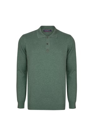 Grøn langærmet polo med krave, der har en tre-knaps placket, ribbede manchetter og kant. Lavet af blødt, struktureret stof.