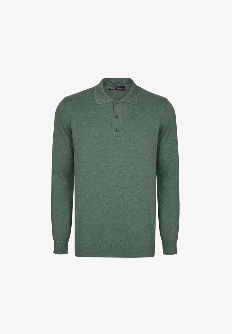 Polo verde de manga larga con cuello, presenta una tapeta de tres botones, puños y dobladillo acanalados. Fabricado en un tejido suave y texturizado.