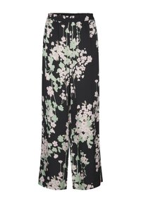 Pantalons noirs à motifs floraux avec une coupe décontractée, une taille élastique, et des motifs de fleurs pastel roses et vertes sur un fond sombre.