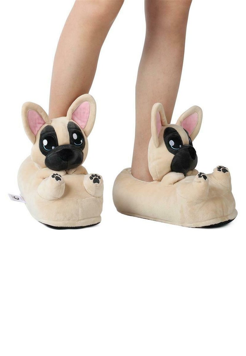 Chaussons Peluche Bouledogue Corimori - Taille Unique 25-33.5 - Semelle Antidérapante - Lavable Machine - Beige