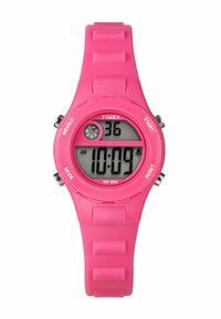 Montre numérique avec un boîtier et un bracelet en plastique rose de forme ronde. Elle dispose d'un affichage numérique, d'un indicateur de temps analogique et de trois boutons. Résistance à l'eau jusqu'à 30 mètres.