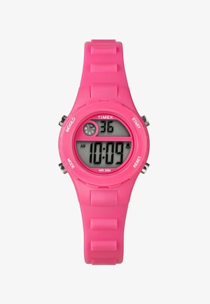 Montre numérique avec un boîtier et un bracelet en plastique rose de forme ronde. Elle dispose d'un affichage numérique, d'un indicateur de temps analogique et de trois boutons. Résistance à l'eau jusqu'à 30 mètres.