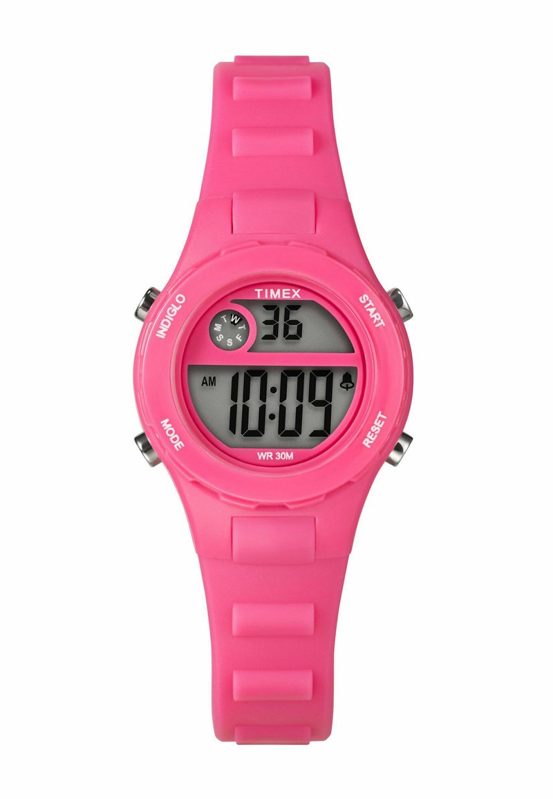 Montre numérique avec un boîtier et un bracelet en plastique rose de forme ronde. Elle dispose d'un affichage numérique, d'un indicateur de temps analogique et de trois boutons. Résistance à l'eau jusqu'à 30 mètres.