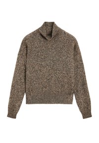 Hnědý pletený svetr s žebrovaným rolákem, který má texturovaný vzor a dlouhé rukávy, vyrobený z měkkého a teplého materiálu.