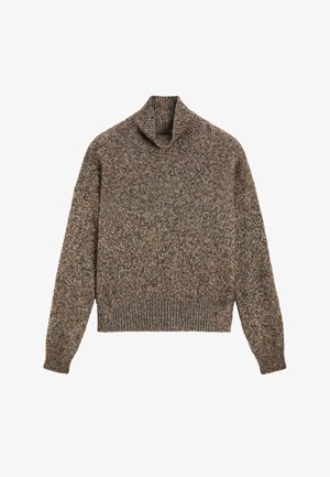 Bruine gebreide trui met een ribgebreide col, voorzien van een textuurpatroon en lange mouwen, gemaakt van een zachte, warme stof.