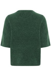Green knitted sweater, boxy shape, short sleeves, soft texture, crew neck, and no visible fastenings or embellishments.