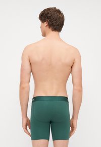 Boxeri din bumbac verde cu talie elastică, având un design simplu și o textură netedă, văzuți din spate.