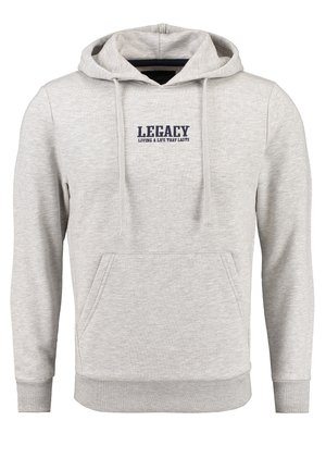 Lichtgrijze hoodie van zachte stof, voorzien van een kangoeroezak, geribde manchetten en een marineblauwe geborduurde logo met de tekst "LEGACY."