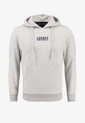 Jasnoszara bluza z kapturem wykonana z miękkiego materiału, z kieszenią typu kangaroo, ściągaczami na mankietach oraz granatowym haftowanym logo z napisem "LEGACY".