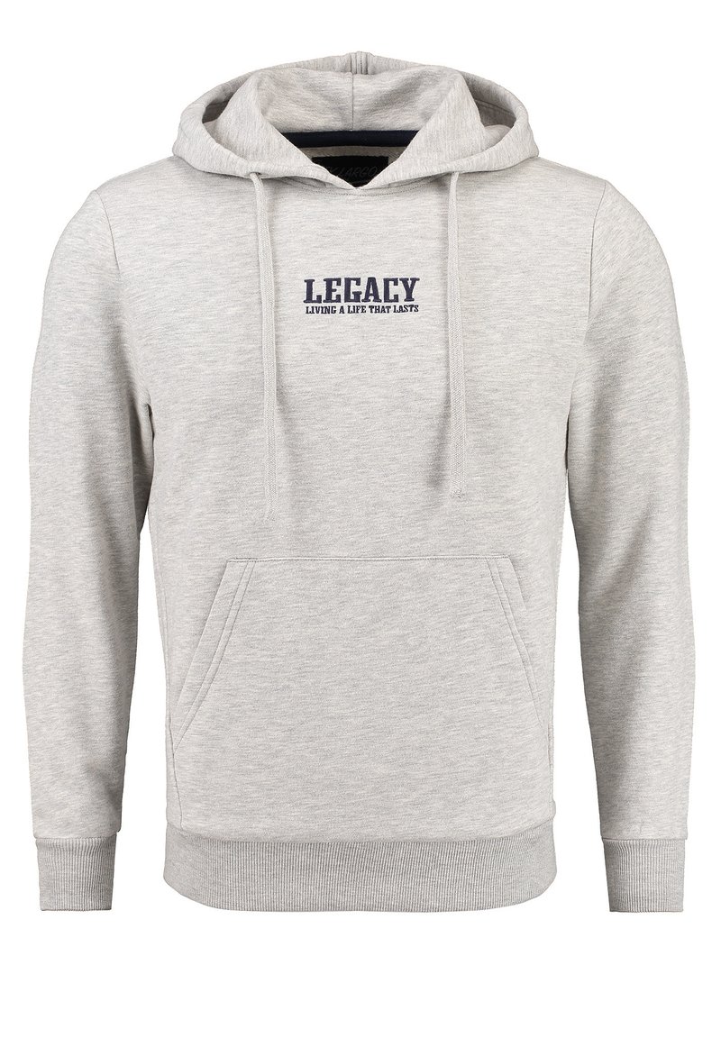 Lichtgrijze hoodie van zachte stof, voorzien van een kangoeroezak, geribde manchetten en een marineblauwe geborduurde logo met de tekst "LEGACY."