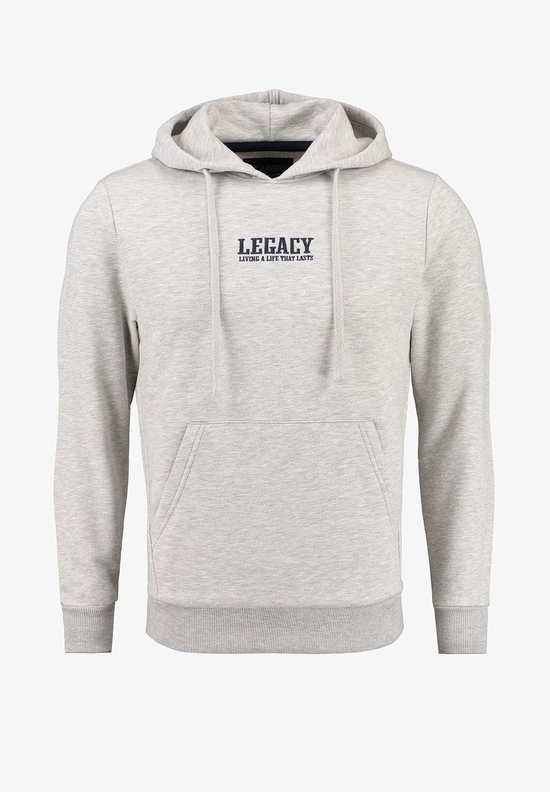 Lichtgrijze hoodie van zachte stof, voorzien van een kangoeroezak, geribde manchetten en een marineblauwe geborduurde logo met de tekst "LEGACY."