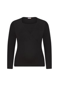 Black long-sleeve top made of soft fabric with a wrap design and v-neck. Features a fitted silhouette, suitable for casual wear.