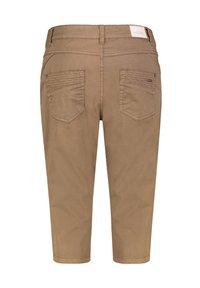 Braune Baumwoll-Caprihosen mit Gesäßtaschen, ausgestattet mit einem strukturierten Design und gesteppten Akzenten, verziert mit einem Etikett am Taillenbund.