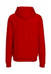 Rode hoodie met een trekkoord capuchon, lange mouwen, ribgebreide boorden en onderrand, en een gladde textuur. Geen zichtbare logo's of patronen.