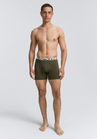 Olivengrüne Boxershorts für Herren mit einem schwarz-weißen, gebrandeten Bündchen, aus weichem Material, mit einer figurbetonten Passform.