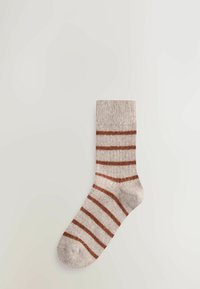 Calzino beige realizzato in morbido tessuto, con strisce orizzontali color ruggine, bordo a coste e design della punta arrotondato.
