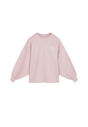 Sudadera de manga larga color rosa claro con hombros caídos y texto en blanco "The Fashion School Club" en el área del pecho izquierdo.