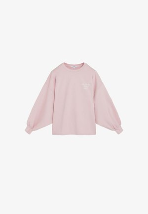 Hanorac roz deschis cu mâneci lungi, umeri căzuți și textul „The Fashion School Club” alb pe partea stângă a pieptului.