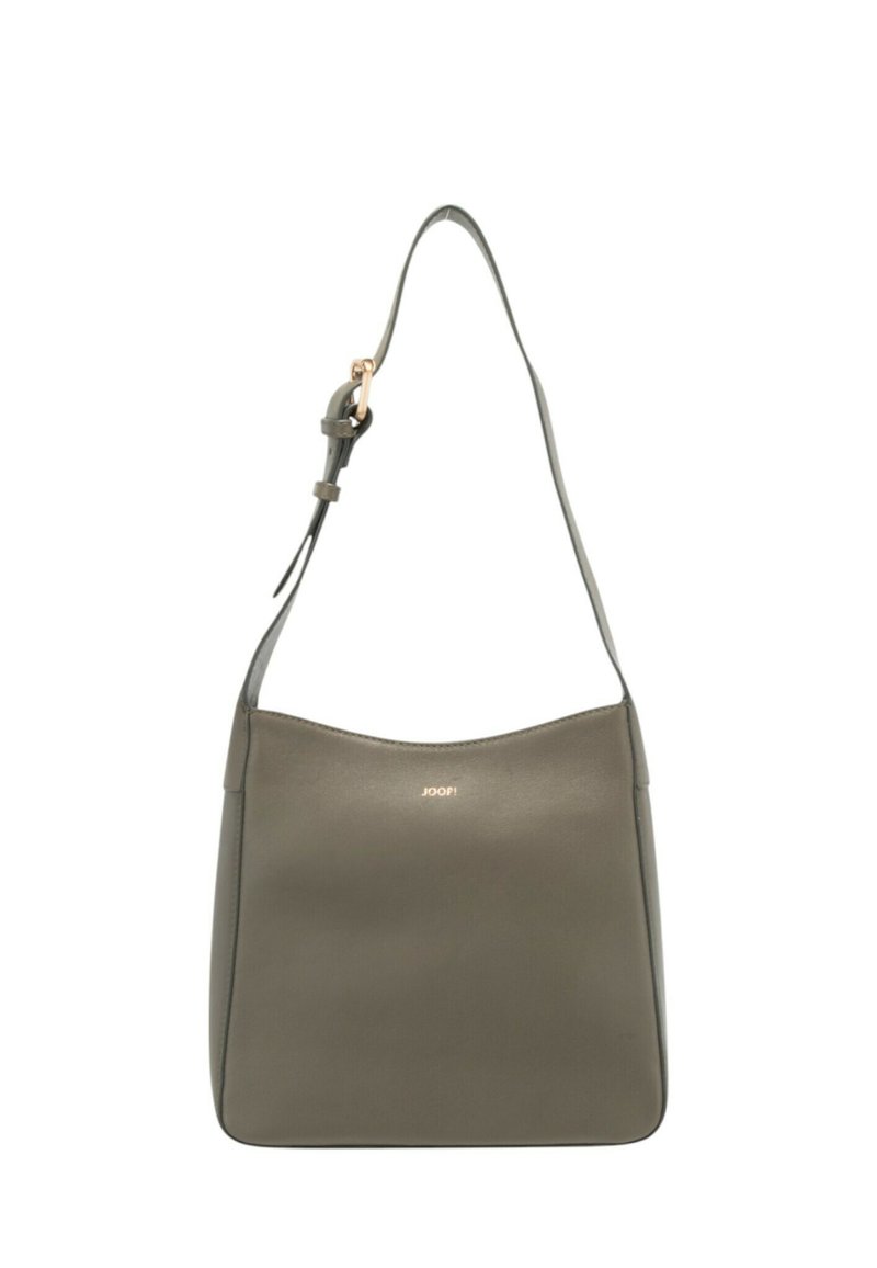 Sac à bandoulière en cuir vert olive avec une finition lisse, doté d'une sangle réglable et d'un design minimaliste. Accent logo doré à l'avant.