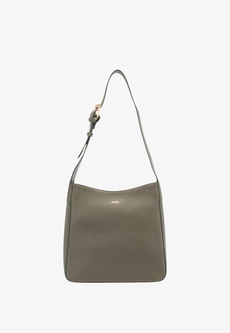 Sac à bandoulière en cuir vert olive avec une finition lisse, doté d'une sangle réglable et d'un design minimaliste. Accent logo doré à l'avant.