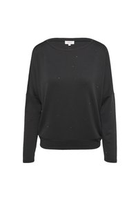 Schwarzes Sweatshirt aus weichem Stoff mit lockerer Passform. Verfügt über dezente Strassverzierungen auf der Vorderseite und einen runden Ausschnitt.