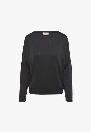 Zwarte sweatshirt van zacht materiaal met een losse pasvorm. Beschikt over subtiele strass-versieringen aan de voorkant en een ronde halslijn.