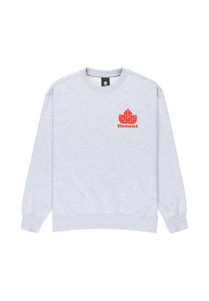 Sweatshirt gris en mélange de coton. Il présente un col rond, des manches longues et un logo de feuille rouge avec le texte "Element" sur la poitrine.