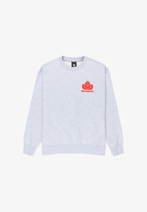 Grå sweatshirt lavet af bomuldsblanding. Har en rund halsudskæring, lange ærmer og et rødt bladlogo med "Element" tekst på brystet.
