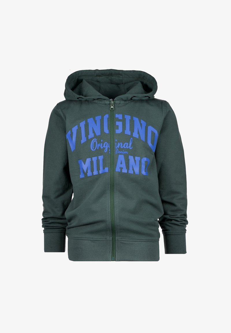 Sweat à capuche vert zippé avec un texte graphique bleu "VINIGINO MILANO" et "Original Denim". Le tissu a une texture lisse et possède une capuche ainsi que des poignets côtelés.