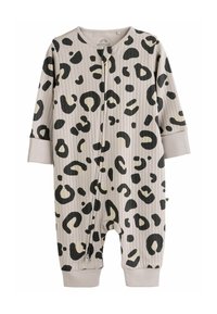 Body en maille beige pour bébé avec un motif léopard en noir et crème, manches longues et fermeture éclair à l'avant.