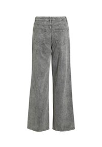 Jeans de pierna ancha grises con rayas verticales, diseño de cinco bolsillos y una cintura alta. La tela tiene un acabado texturizado.