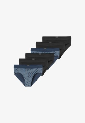 Fem par trusser: tre i ensfarvet sort og to blå med blomsterprint. Blødt stof, mellem talje og bred elastik i taljen.