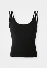 Camiseta sin mangas negra con escote redondeado, hecha de un material suave, con delgadas doble tiras en cada hombro. Sin patrones ni acentos visibles.