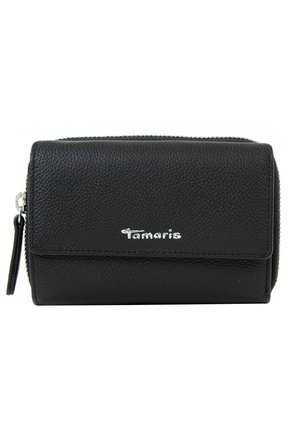 Black leather wallet with a textured finish, featuring a front flap and a silver logo. Zipper closure with a small attached tag.