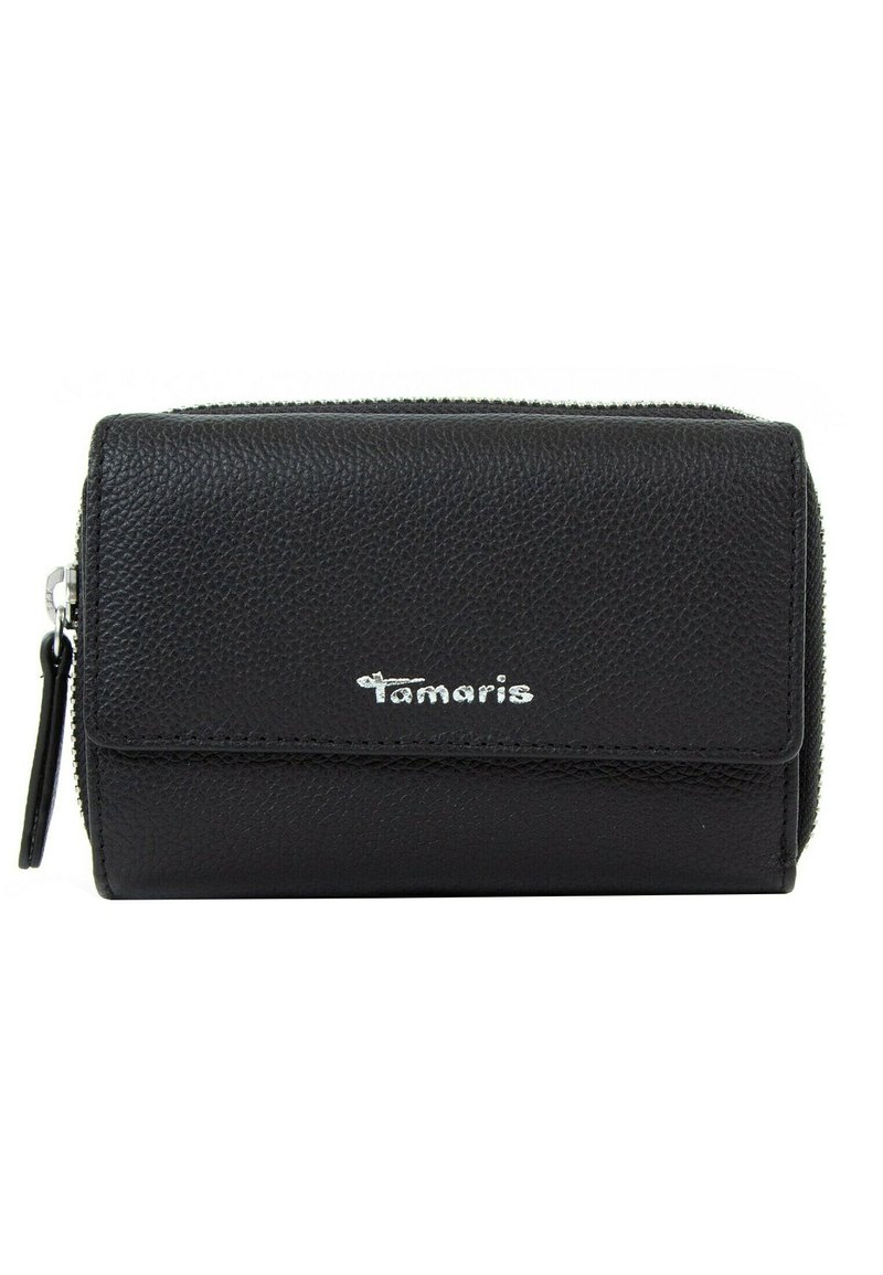 Black leather wallet with a textured finish, featuring a front flap and a silver logo. Zipper closure with a small attached tag.