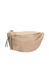 Borsa a mano in pelle beige con design arrotondato, chiusura con zip e texture morbida. Presenta due estrattori per zip e uno stile minimalista.