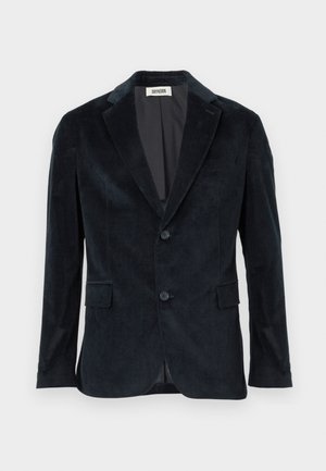 Dark blue corduroy blazer featuring a notched lapel, two front pockets, and two-button closure, with a smooth inner lining.