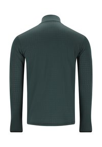 Langsleeve, donkergroene blouse met een hoge kraag. Gladde textuur met subtiele horizontale en geruite patronen op de rug.