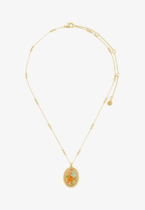 Collana in tono dorato con pendente ovale decorato da un design floreale in smalto. La delicata catena con perline sferiche aggiunge texture e dettaglio.