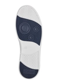 Sole della scarpa S. Oliver con motivo a spina di pesce, in blu navy e bianco, tre impugnature circolari testurizzate e dettaglio del logo.