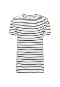 Gestreiftes Baumwoll-T-Shirt mit marineblauen horizontalen Streifen auf einem crèmefarbenen Hintergrund, Rundhalsausschnitt, kurzen Ärmeln und klassischer Passform.