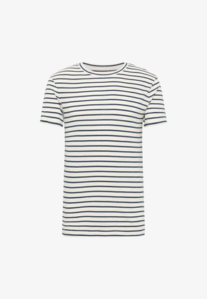 Striped cotton t-shirt featuring navy horizontal stripes on a cream background, crew neck, short sleeves, and a classic fit.