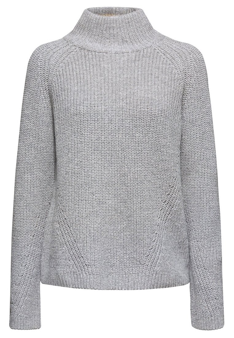 Pull en maille grise avec un col montant, des manches longues et un motif texturé. Doté d'épaules raglan et d'une coupe décontractée.