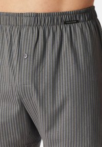 Harmaat ja siniset raidalliset bokserit, joissa on joustava vyötärönauha, yksi nappisulku ja pieni etiketti ommeltuna vyötärönauhan alueelle.